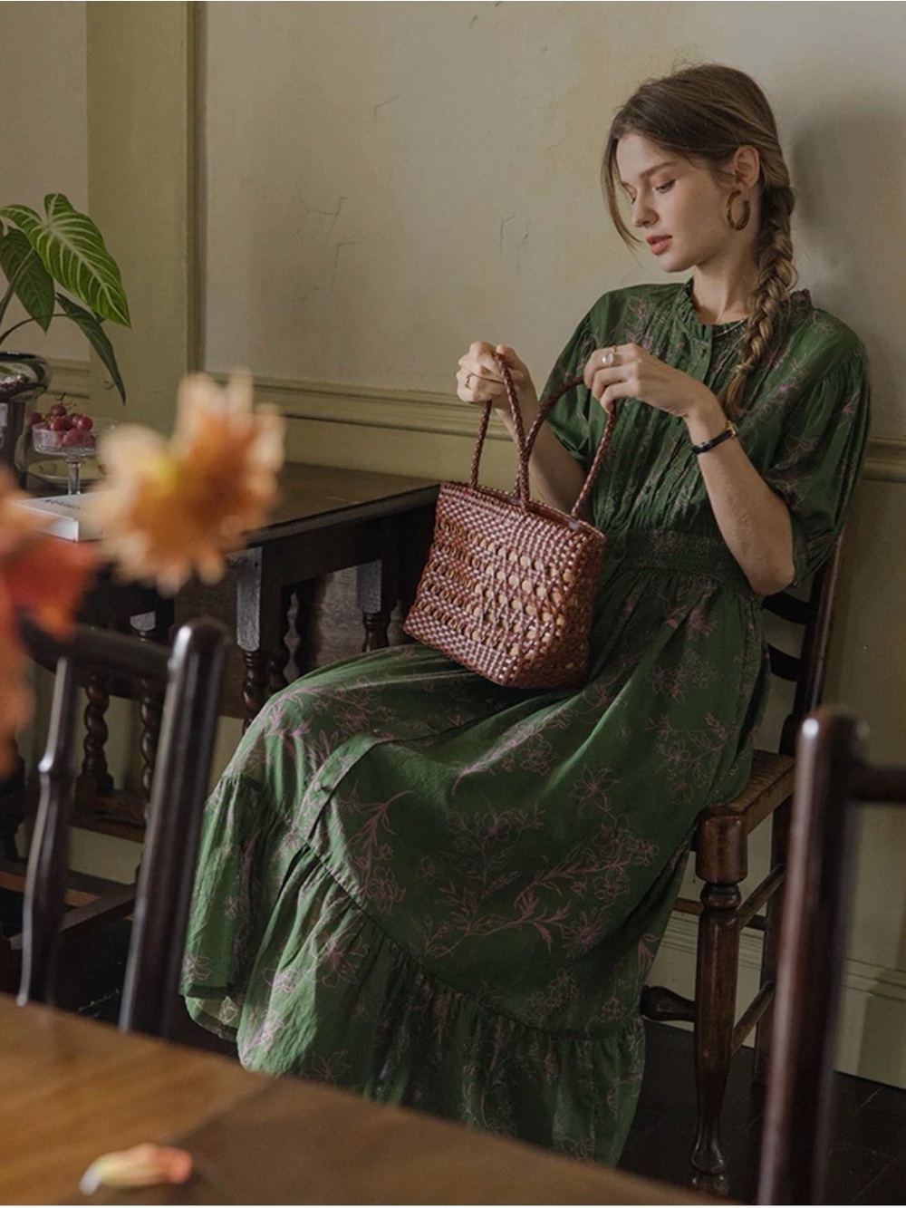 Green Floral Button-Front CottageCore Midi Dress with Smocked Waist. New W Tags - Picture 14 of 16